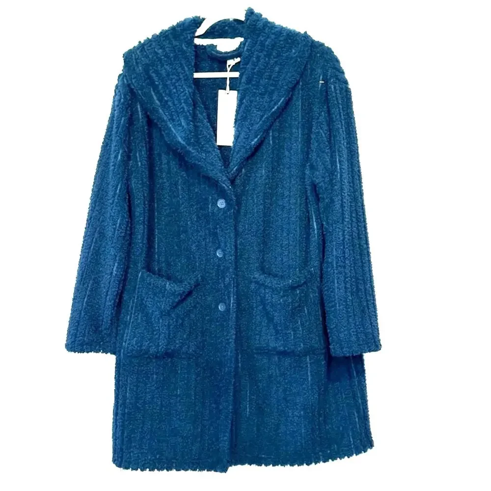 Berkshire Homewear Women's Blue blanket  XS‎ Blue Fleece 3 button cardigan coat - Picture 2 of 11